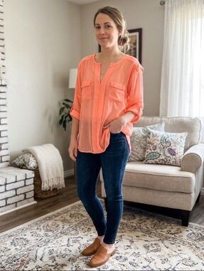 Marisol 3X Coral Peach Sheer Chiffon Blouse Tunic Pocket Top Summer Fresh